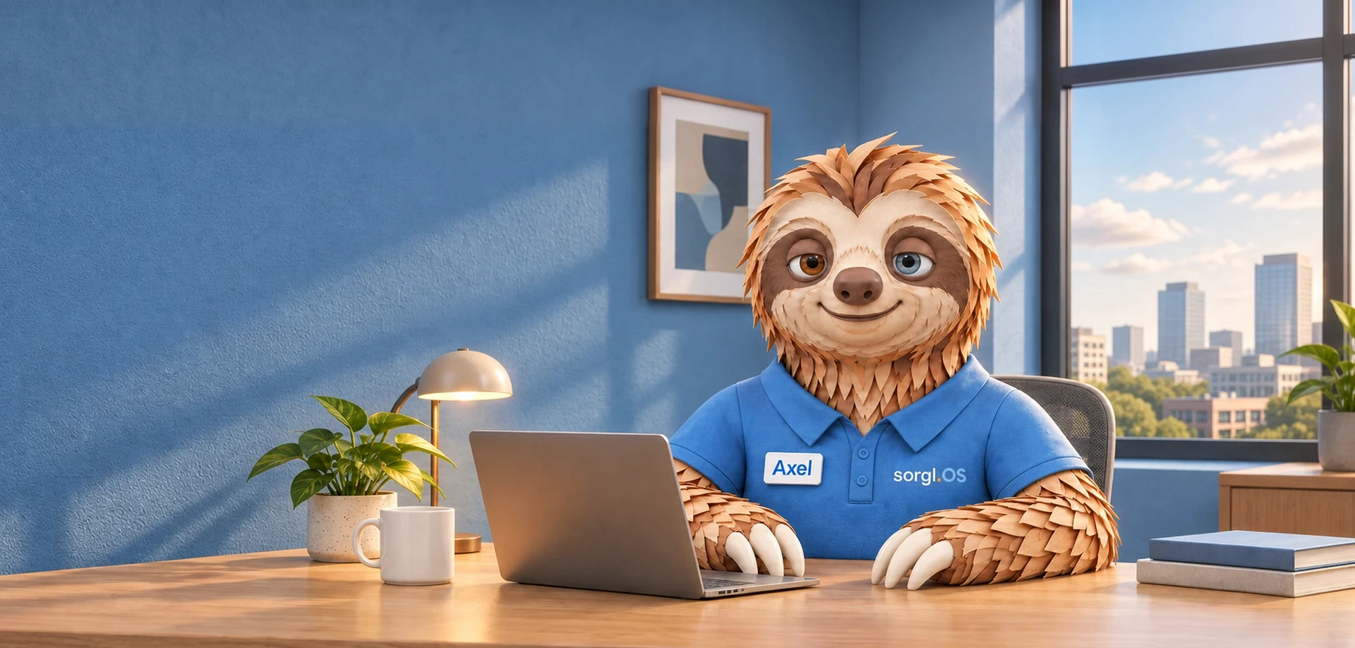 Axel, das Faultier von sorgl.OS, sitzt im Poloshirt in seinem Büro am Schreibtisch. Es ist Tag.